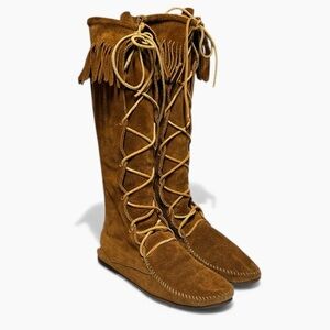 🌻Vintage Minnetonka Suede Fringe Tall Lace-Up Moccasin Boots Approx. Size 8.5-9